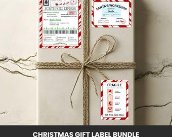 Zestaw spersonalizowanych szablonów etykiet wysyłkowych Świętego Mikołaja | Szablon etykiety wysyłkowej Poczty Świętego Mikołaja Biegun Północny | Naklejki na prezenty świąteczne | Etykieta od Świętego Mikołaja