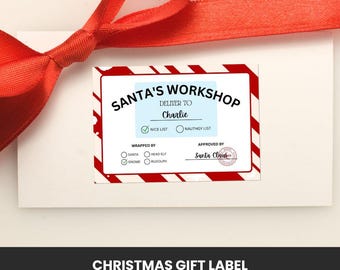 Etykieta na prezent do druku z warsztatem Świętego Mikołaja | Etykieta na prezent świąteczny od Świętego Mikołaja | Szablon Canva na naklejki na prezenty świąteczne | North Pole Express