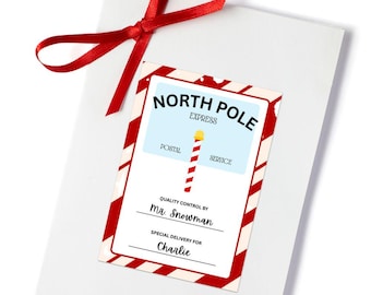 Usługa Pocztowa North Pole Express | Etykieta na prezent świąteczny od Świętego Mikołaja | Spersonalizowany szablon Canva etykiety wysyłkowej od Świętego Mikołaja | Etykieta od Świętego Mikołaja