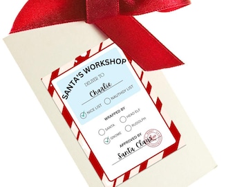 Etykieta na prezent świąteczny od Świętego Mikołaja | Etykieta na prezent do druku z warsztatem Świętego Mikołaja | Szablon Canva na naklejki na prezenty świąteczne | North Pole Express