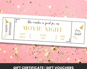 Kupon na wieczór filmowy | Szablon Canva | Edytowalny | Do druku | Spersonalizowany prezent | Kupon urodzinowy | Kupon miłosny | Bon upominkowy