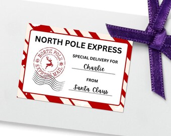 Spersonalizowany szablon etykiety wysyłkowej z motywem Świętego Mikołaja w Canva | Szablon etykiety wysyłkowej z motywem Świętego Mikołaja na Biegun Północny | Naklejki na prezenty świąteczne | Etykieta od Świętego Mikołaja
