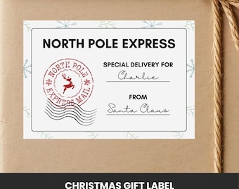 Szablon etykiety wysyłkowej „Mikołaj Poczta” Biegun Północny | Spersonalizowany szablon etykiety wysyłkowej „Mikołaj” Canva | Naklejki na prezenty świąteczne | Etykieta od Mikołaja