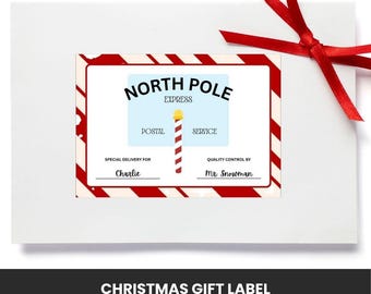 Etykieta na prezent świąteczny od Świętego Mikołaja | Usługa pocztowa North Pole Express | Spersonalizowany szablon Canva etykiety wysyłkowej od Świętego Mikołaja | Etykieta od Świętego Mikołaja