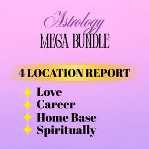 Könnte beinhalten: Digitalgrafik mit einem rosa-lila Farbverlauf im Hintergrund. Der Text lautet "Astrologie MEGA BUNDLE" in einer Schriftart und einer fetten serifenlosen Schrift. Darunter steht auf einem Banner "4 LOCATION REPORT". Das Bild listet "Liebe, Karriere, Zuhause, Spirituell".