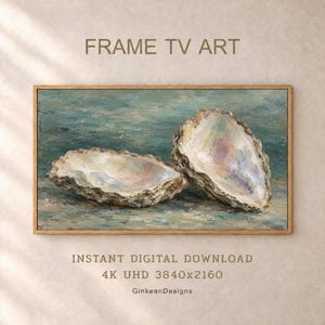 Puede incluir: Obra de arte digital para televisor tipo marco con una pintura al óleo de dos conchas de ostra abiertas sobre un fondo texturizado azul y verde azulado. La imagen incluye el texto FRAME TV ART, INSTANT DIGITAL DOWNLOAD, 4K UHD 3840x2160 y GinkeanDesigns.