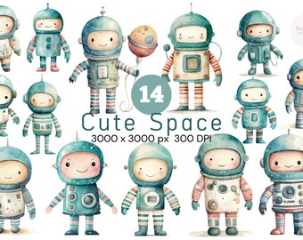 Weltraum Aquarell Clipart, niedlicher Astronaut, Planeten Clip Art, Raketen PNG, Kinderzimmer Dekor