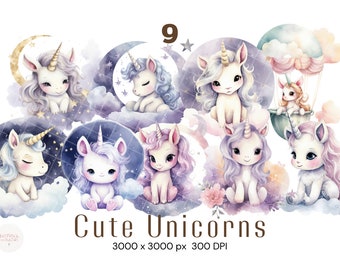 Cute Unicorns Clipart Watercolor unicorns Unicorne baby unicorns