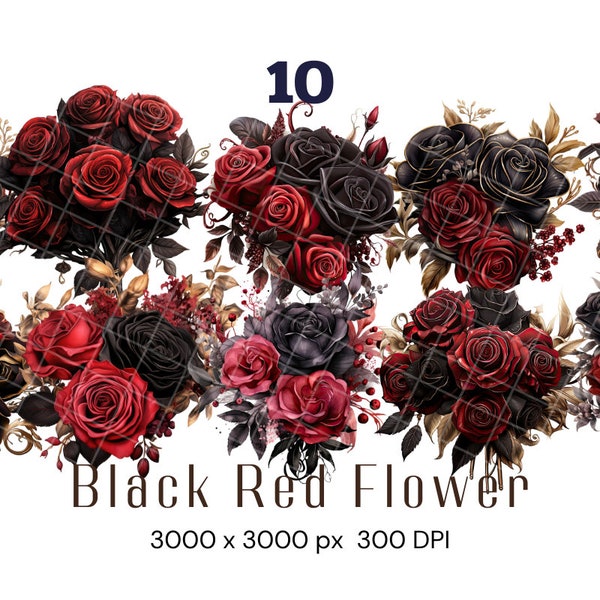 Black Red Flower Bouquets Clipart, digital instant download red and gold foil wedding flower png embellishments for commercial use