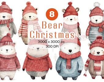 Bear Christmas Woodland Christmas Clipart, aquarel Winter, schattige bosdieren schattige winterdieren clipart Safari dierenvrienden