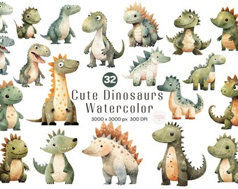 Kolekcja akwarelowych clipartów z dinozaurami - Clipart do pokoju dziecięcego, Dekoracja urodzinowa z dinozaurami, Dinozaury w formacie PNG, Clipart z dinozaurami, Uroczy clipart z dinozaurami
