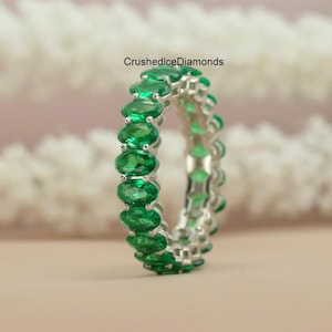 Attractive 5X3MM Oval Cut Green Emerald Gemstone Anniversary Band, Full Eternity Band In 10K White Gold, Wedding Bridal Band, May Birthstone