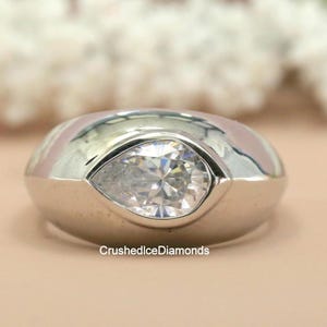 East To West Style 2.00 CT Pear Cut White Simulated Diamond Ring, Flush Set Dome Band With Knife Edge Shank, 18K Gold Proposal Ring For Her