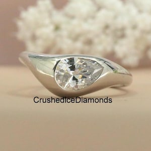 East To West 9x6 MM Pear Cut Diamond Solitaire Ring, Flush Set CZ Diamond Ring, 10K White Gold Tear Drop Ring, Curved Band Ring, Bridal Ring