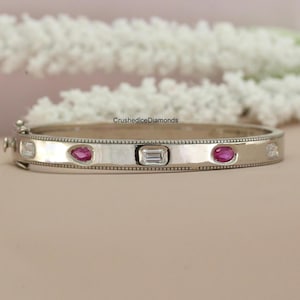 Unikalna bransoletka z pięcioma kamieniami, szmaragdowy szlif z białymi cyrkoniami i gruszką, owalny szlif z różowym rubinem, 10-karatowa biała bransoletka z białego złota dla panny młodej