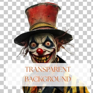 May include: A scary clown with a red top hat, black brimmed hat, and a menacing grin. The clown has red eyes, a red nose, and yellow teeth. The image includes the text "TRANSPARENT BACKGROUND".