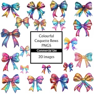 Colourful coquette bows, digital download, commercial use, transparent background, bow bundle, watercolour bow, multi colour bows,