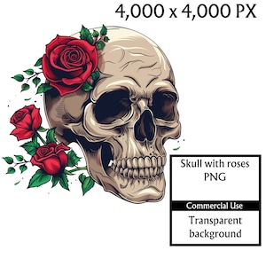 Skull with roses clipart , gothic clipart, Gothic skull and roses illustration, Modern gothic digital, Mystical skull and roses graphic