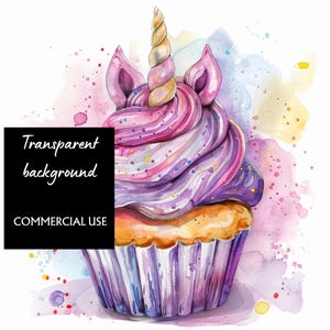 Cupcake Watercolor Unicorn, Cupcake Unicorn, Birthday Clipart, PNG, sublimation, invitation clip art, purple, pink, cake, watercolour splash