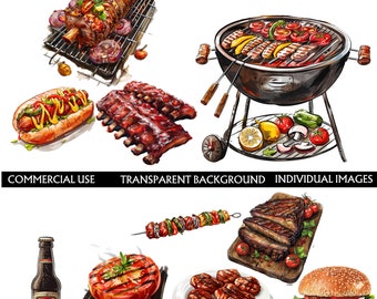 Premium Watercolor BBQ Clipart, grilled brisket, hotdog, bbq skewer, burger, bbq chicken, bbq ribs, beer, cooked tomato, steak, bbq clip art