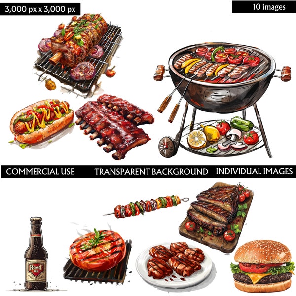 Premium Watercolor BBQ Clipart, grilled brisket, hotdog, bbq skewer, burger, bbq chicken, bbq ribs, beer, cooked tomato, steak, bbq clip art