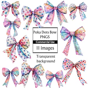 Colourful pokadot coquette bows, transparent background, bow bundle, watercolour bow, red blue and purple clip art bows, clipart, spotty bow