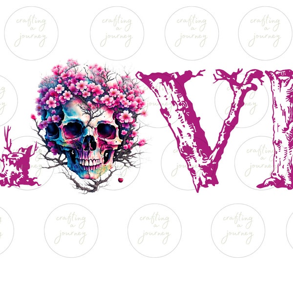 Love word with skull and flowers, pink love, pink skull, pink flowers, blossom skull
