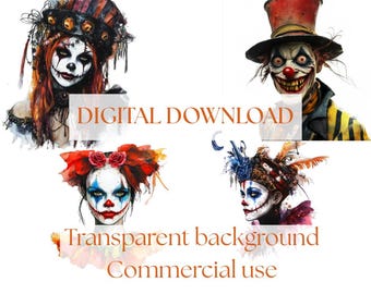 Carnival people clipart, spooky, clown, scary faces, Circus Clipart PNG, Printable, creepy, halloween, jester, gothic freak show, oddities