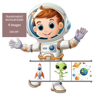 Space themed, cute astronaut digital clip art, PNG, SVG and JPG, digital download, alien, solar system, rocket cartoon image