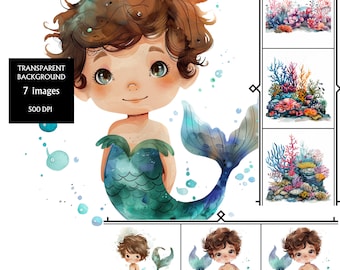 Merman clipart, merboy clip art, sirena masculina, descarga digital, arrecife de coral, arrecife de coral png, imágenes bajo el agua, peces, criaturas marinas