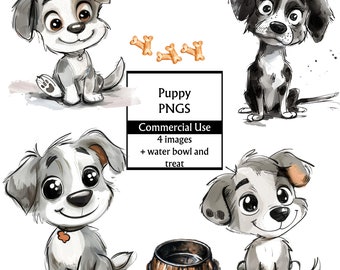 Hund Clip Art, Welpe Clipart, Hund mit Wassernapf und Hundeleckerli, süßer schwarz-weißer Welpe Digitalbild, kommerzielle Nutzung, Hündchenbund