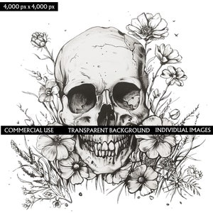 Schedel met bloemen, gotische clipart, gotische schedelillustratie, zwarte en grijze schedel, klassieke schedelafbeelding, schedelschets, illustraties