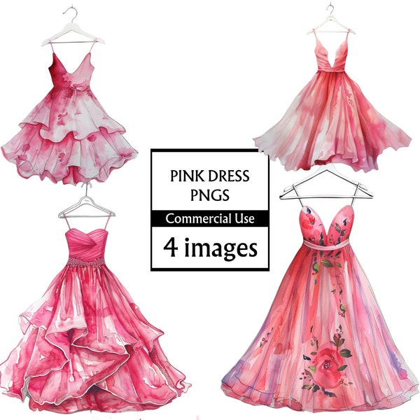 4x Watercolor Style Pink Prom Dress, Bridesmaid Dress, Clip Art Set, Commercial Use , High-Resolution PNG, pink party dress, pink fashion