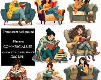 Cosy Reading Girl clipart bundle, sweater weather clipart, homey clipart, green bookworm png, cozy clipart, scrapbooking, cozy blanket