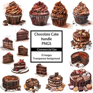 以下が含まれることがあります： チョコレートケーキとカップケーキの15点の水彩画イラストのセット。画像には、層状のケーキ、チョコレートフロスティングをかけたカップケーキ、チョコレートチップとキャンディーで飾られたケーキなど、さまざまなデザインが描かれています。テキスト「Chocolate Cake bundle PNGS Commercial Use 15 images Transparent background」は黒いボックスに表示されています。