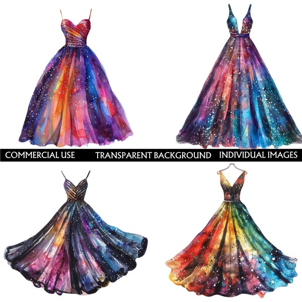 4x Watercolor Style rainbow Prom Dress, Party Dress, Clip Art Set, Commercial Use , High-Resolution PNG, sparkle multi coloured dresses