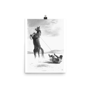 The Equestrian - Ernst Haas, &#39;Stuntman with Mustang&#39; on the set of the 1960 movie &#39;The Misfits&#39;. Charcoal Art Print Wall Decor Poster