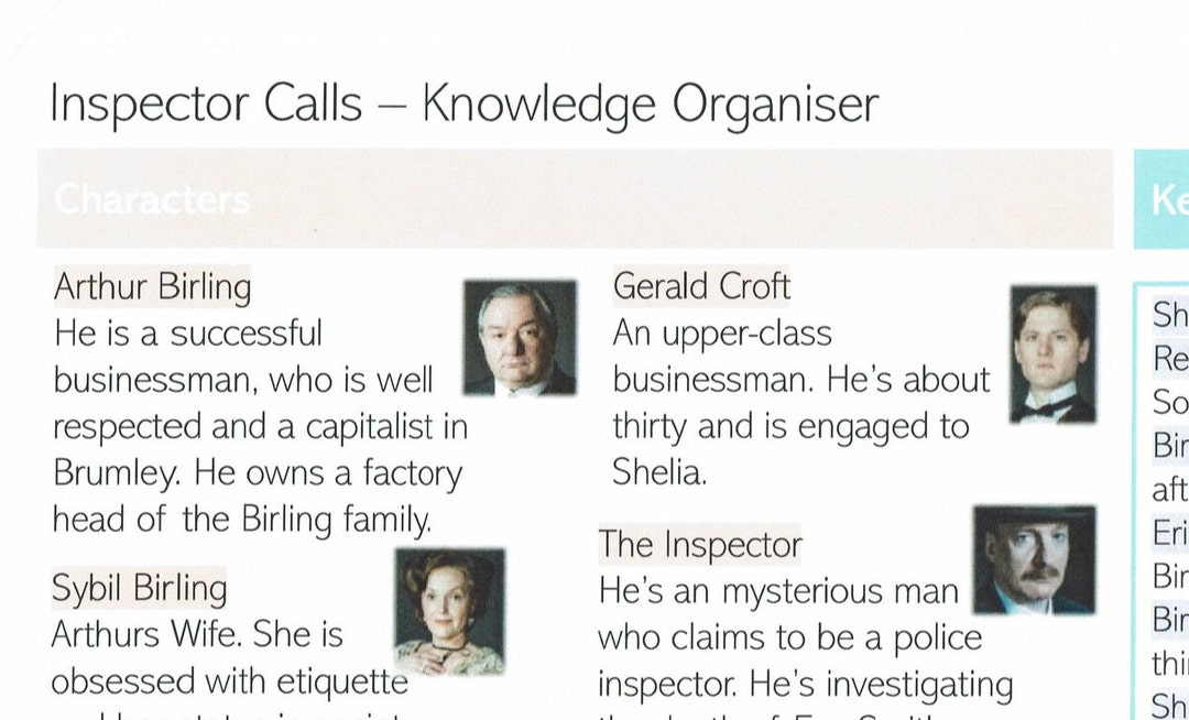 GCSE Inspector Calls Knowledge Organiser Etsy