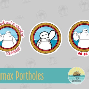 May include: Three round stickers featuring Baymax from the Disney movie Big Hero 6. Each sticker has a different quote from the movie. The first sticker says "We jumped out a window Shhhhh!" The second sticker shows Baymax waving and the third sticker says "Ba La La La La".