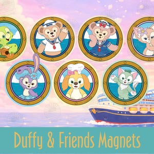 May include: Set of seven circular magnets featuring various cartoon characters, each framed in a gold-colored porthole design. Characters include a turtle, bear, bunny, fox, dog, and cat. The words "Duffy & Friends Magnets" are at the bottom.
