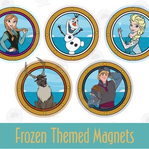 May include: Set of five round Frozen themed magnets. Each magnet features a different character from the movie Frozen, including Elsa, Anna, Olaf, Kristoff, and Sven the reindeer. The magnets are designed to look like porthole windows.