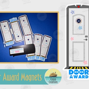 May include: Set of five white door-shaped magnets with blue text that reads "Door Award". The magnets are packaged with a black magnetic strip and a white card with the text "Awarded to the Door Decor 2023" and the number "6669".