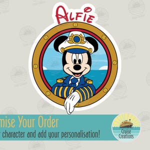 May include: A circular sticker featuring a cartoon mouse dressed in a blue captain's uniform with gold stripes and a white hat, framed by a gold porthole. The name ALFIE is printed in red above the porthole. A banner below reads Customise Your Order.