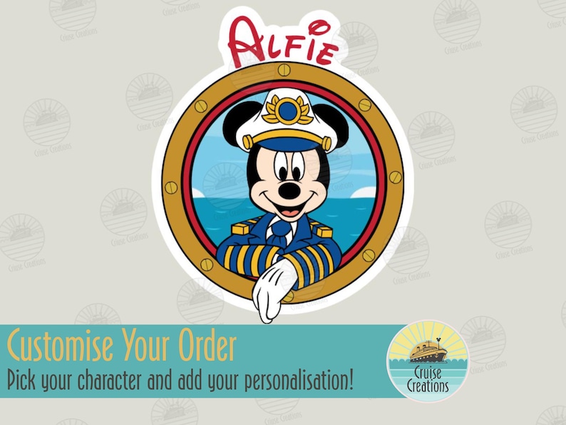 May include: A circular sticker featuring a cartoon mouse dressed in a blue captain's uniform with gold stripes and a white hat, framed by a gold porthole. The name ALFIE is printed in red above the porthole. A banner below reads Customise Your Order.