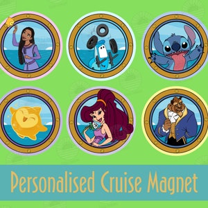 May include: Six round, colorful magnets with different Disney characters in a porthole design. The characters include Tiana, Stitch, a yellow bird, Belle, and a blue car.
