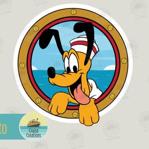May include: A circular sticker featuring a cartoon dog with yellow fur, black ears, and a white sailor hat with red stripes. The dog is looking through a brown porthole frame with visible screws, set against a blue ocean and sky background.