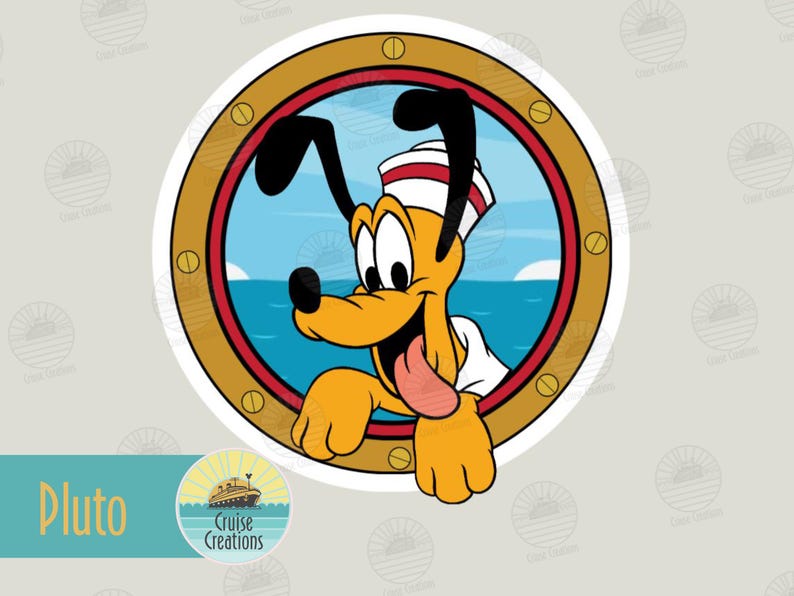 May include: A circular sticker featuring a cartoon dog with yellow fur, black ears, and a white sailor hat with red stripes. The dog is looking through a brown porthole frame with visible screws, set against a blue ocean and sky background.