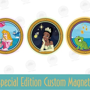 May include: Three round magnets featuring Disney princesses. The first magnet features a pink-clad princess with blonde hair, the second features a green-clad princess with dark skin and a crown, and the third features a green chameleon.