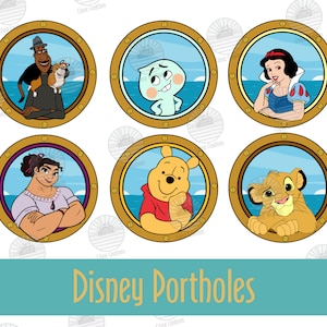 May include: Six round, gold-rimmed porthole frames with different Disney characters inside. The characters are: Winnie the Pooh, Snow White, Simba, Tiana, a blue ghost, and a man with a cat.