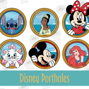 Op de afbeelding: Zes ronde, rondellenvormige illustraties met verschillende Disney-personages. De personages zijn Stitch, Tiana, Minnie Mouse, Marie, Mickey Mouse en Ariel. De tekst "Disney Portholes" staat onder de illustraties.